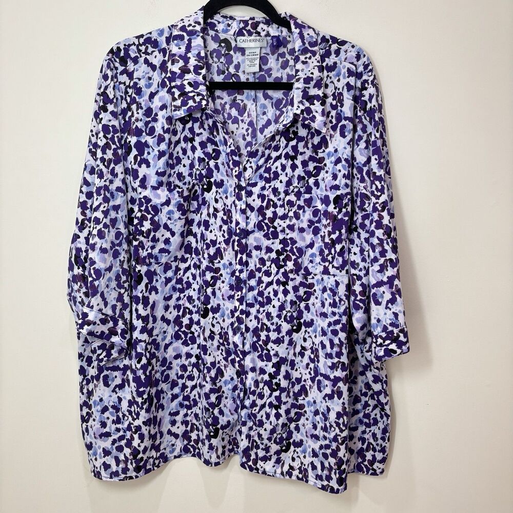 Catherines Purple Button Up Tunic Top Women 3Xp Animal Print Flowy Lightweight